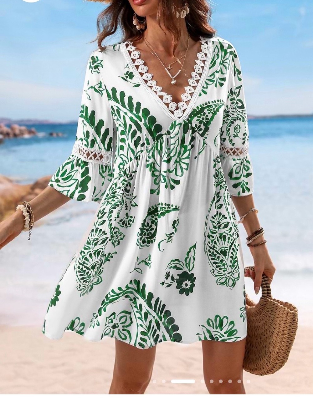 Green Paisley V-neck Mini Dress